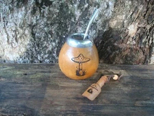 Mate Gourd, mushroom image, Hand Made- Straw + Spoon BONUS- Yerba Mate