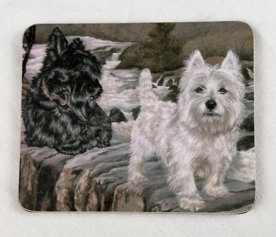 6 Scottie Dog Coasters, Scottish Terrier, Felt Back w/Box, Strathmore, Free Ship