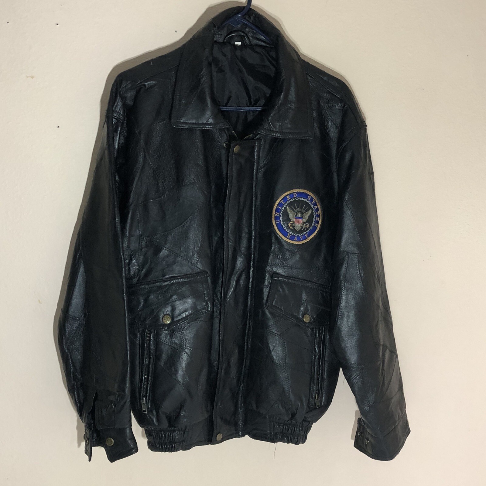 Vintage BOMBER Jacket LEATHER Mens Medium Military U.S. Navy Moto Aviator-image