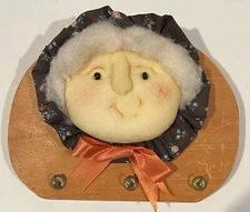 Handmade Folk Art Prairie Doll Pioneer Embroidered Granny Wooden Key Hook Holder