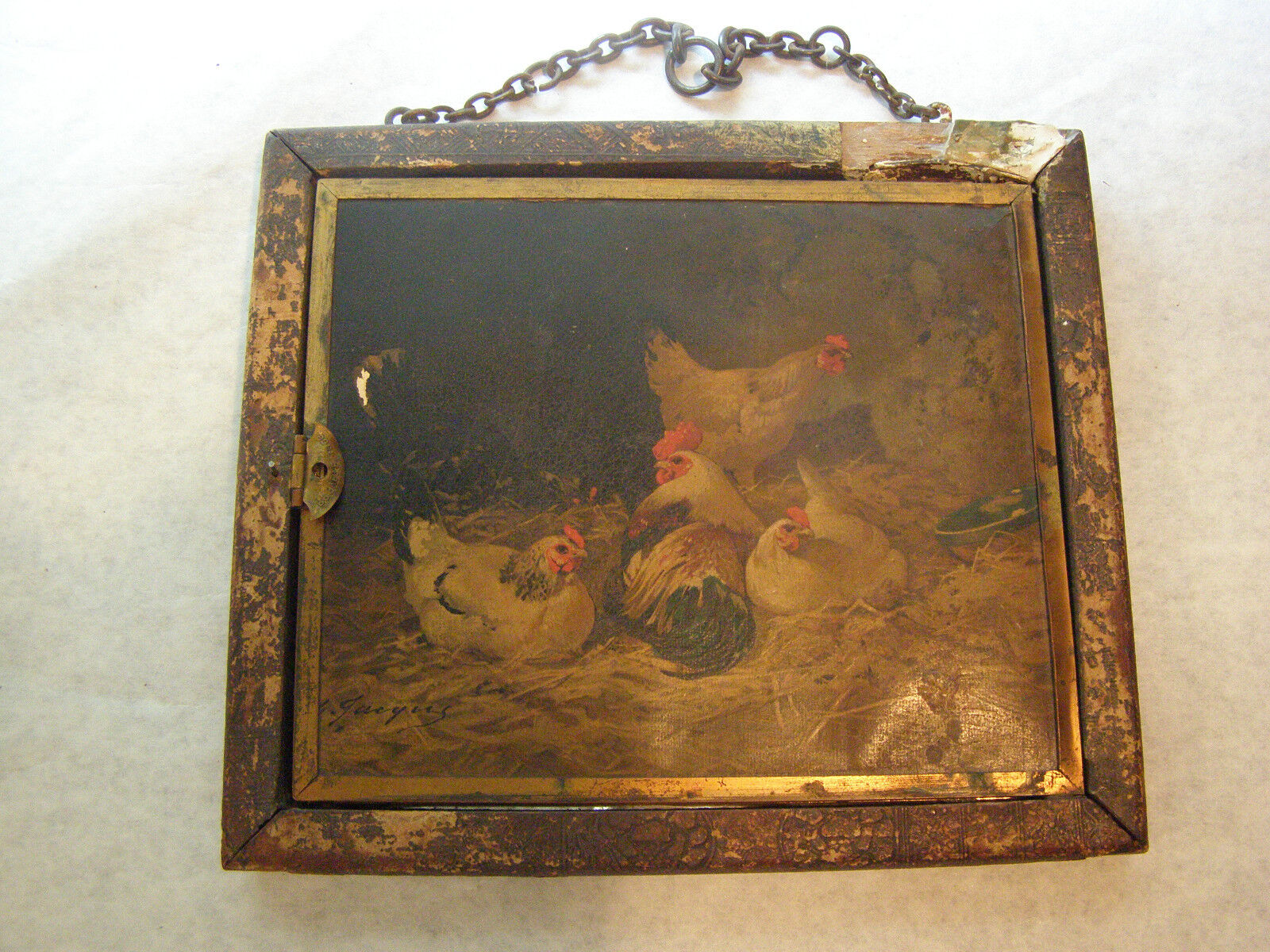 Antique Signed Tri Fold Mirror Chickens, CH Jacques Les Poules Like Ben Austrian