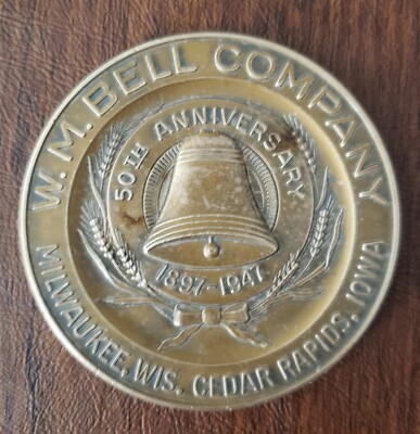 1897-1947 W M BELL CO Milwaukee WI, Cedar Rapids IA Brass Paperweight 50 Yr