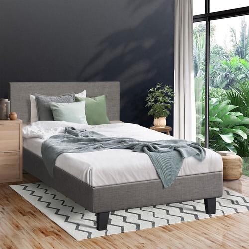Bed Frame Queen Double King Single Size Wooden Slats Grey Linen Fabric Furniture - Picture 8 of 31