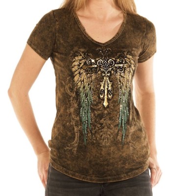Women's Bling Shirt with Teal Gradient Wings and Cross - 7778
