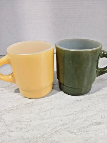 2 Vintage Anchor Hocking Fire King Avocado Green & Yellow Coffee Mug Milk Glass