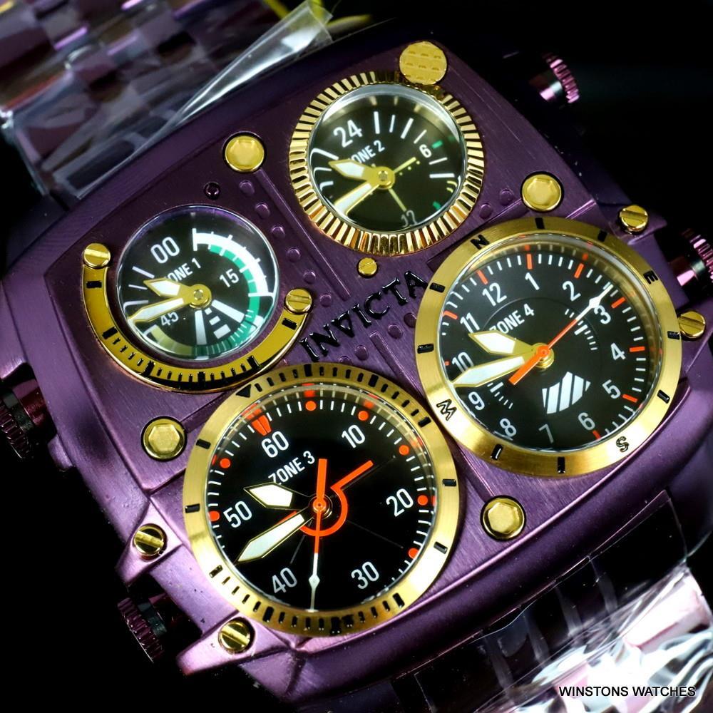 Invicta Aviator Zulu Purple Stainless Steel Bracelet Quad Time