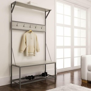 Weathered Wooden Metal Hall Tree Bench Entryway Storage Stand Coat