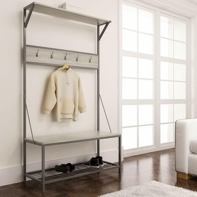 Weathered Wooden Metal Hall Tree Bench Entryway Storage Stand Coat