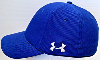 UA Hat Under Armour Blitzing Blue Classic Stretch Fit Cap Mens M/L Side Logo UA