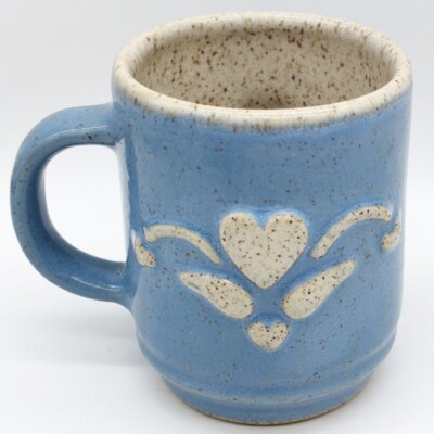 Handmade Studio Art Pottery Mug Cup Country Blue Hearts Signed 4 