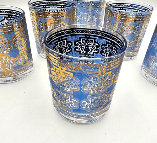 Mid-Century Firenza Blue Gold Low Ball Tumblers Cocktails - Picture 4 of 5