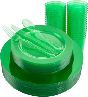 36 Guests Green Plastic Party Plates and Silverware Disposable Clear Green