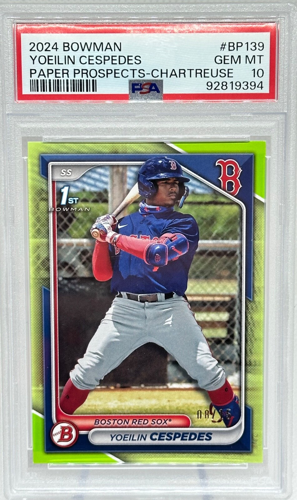 2024 1st Bowman Paper Yoeilin Cespedes Chartreuse /15 PSA 10 Red Sox