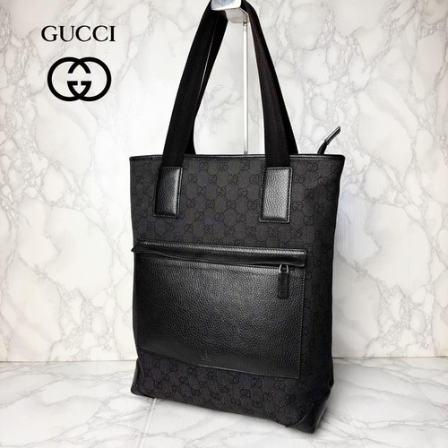 GUCCI GG Tote Hand Bag Ziplock Leather Canvas Black Silver Hardware From Japan