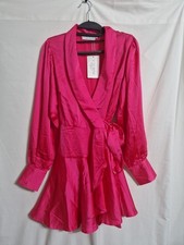 BNWT In The Style Hot Pink True Wrap Long Sleeve Satin Feel Mini Dress Size 10