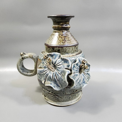 Vintage Studio Art Pottery Oil Burning Lamp Clay Hand Turned  Applied Flowers