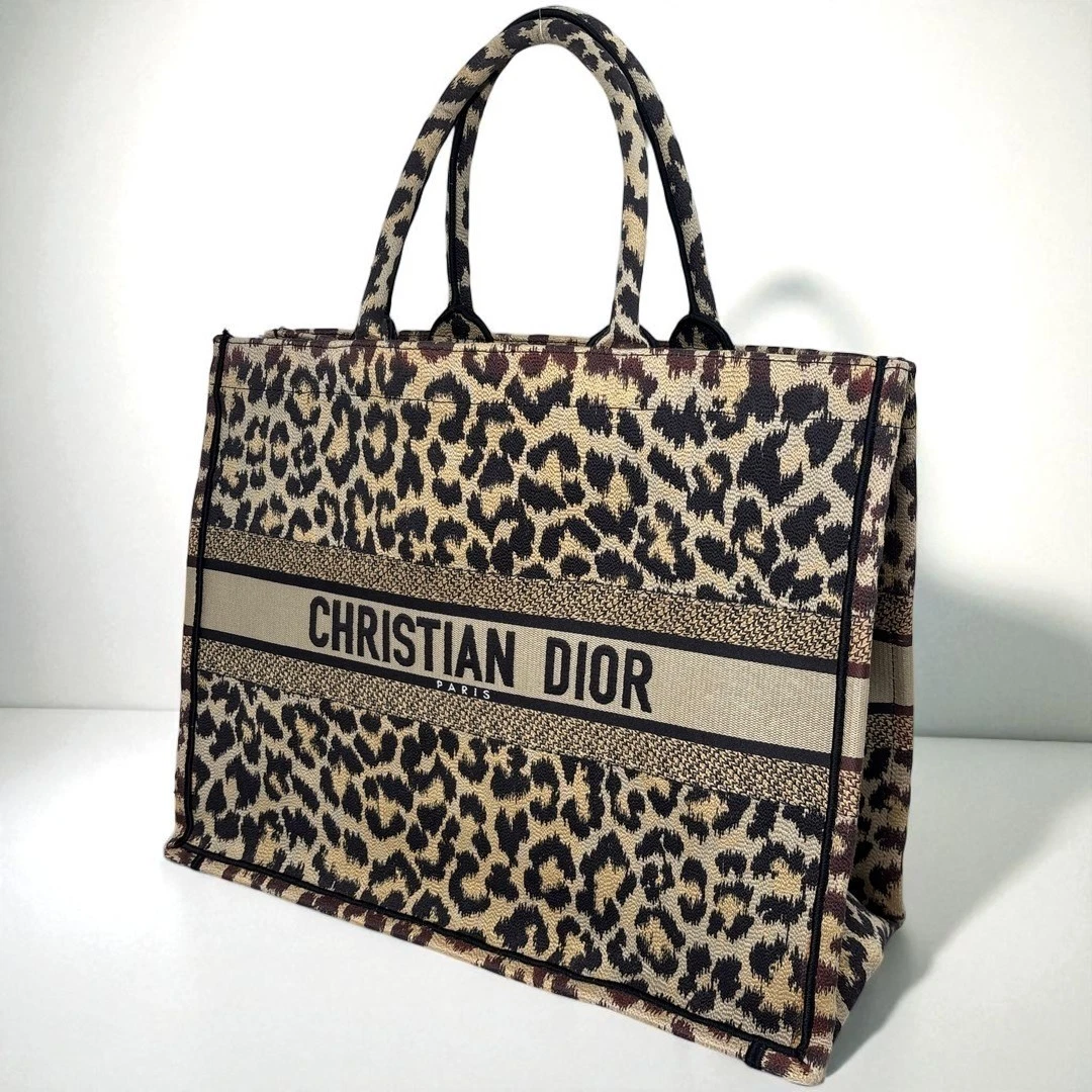 Dior Canvas Book Tote Tote Bag Large Size Leopard Women's
