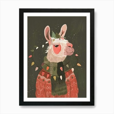 Festliches leuchtendes Lama Kunstdruck gerahmt Wandbild Poster Leinwanddruck Bild
