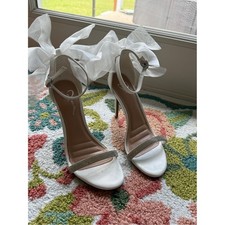 White Ankle-Tie Stiletto Sandals with Embellished Strap