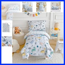 4 Piece Toddler Bedding Set, Cute Dinosaur on Light Blue, Ultra Soft Microfib...