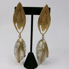 Vintage Made in Italy Gold Tone Leaf & Lucite Dangle Clip On Runway Earrings