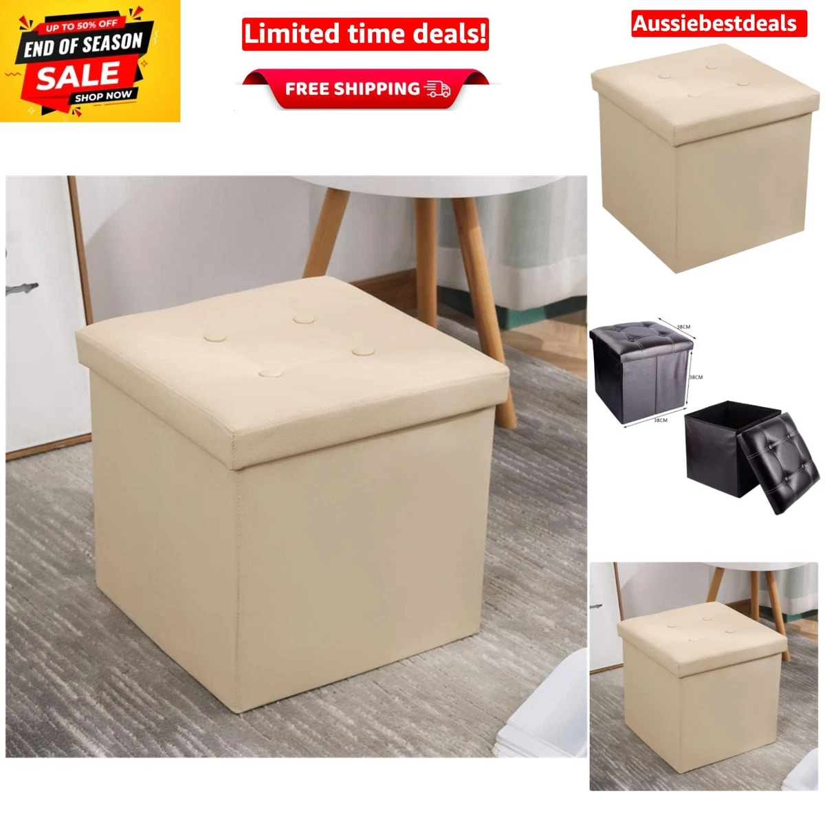 Versatile Square Storage Ottoman - Compact 15in Faux Leather Ottoman for Home
