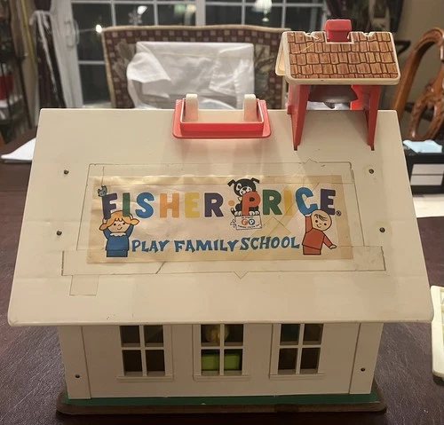 Vtg 1971 Fisher Price Play School with Teacher, Children, Desks, Play Equipment