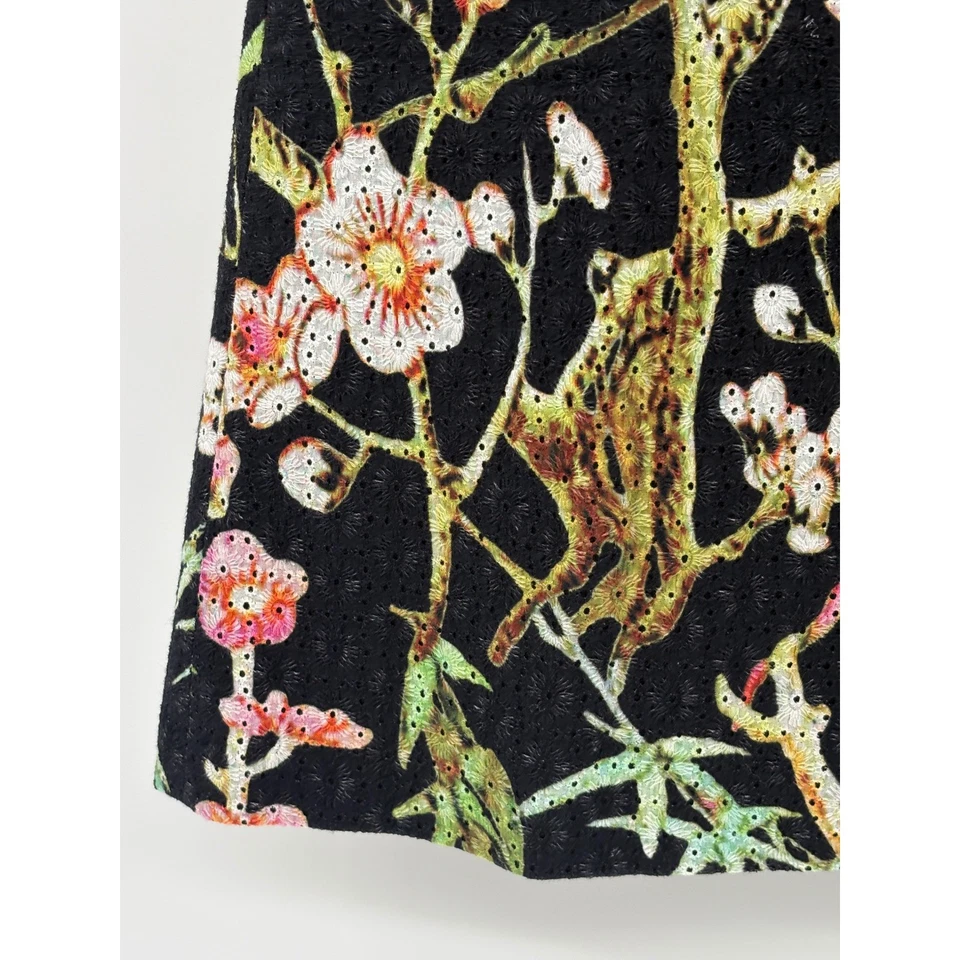 Falda Vivienne Tam Mujer Talla 4 Pájaro Negro Tropical Floral Algodón Bordado Foto 3 de 4