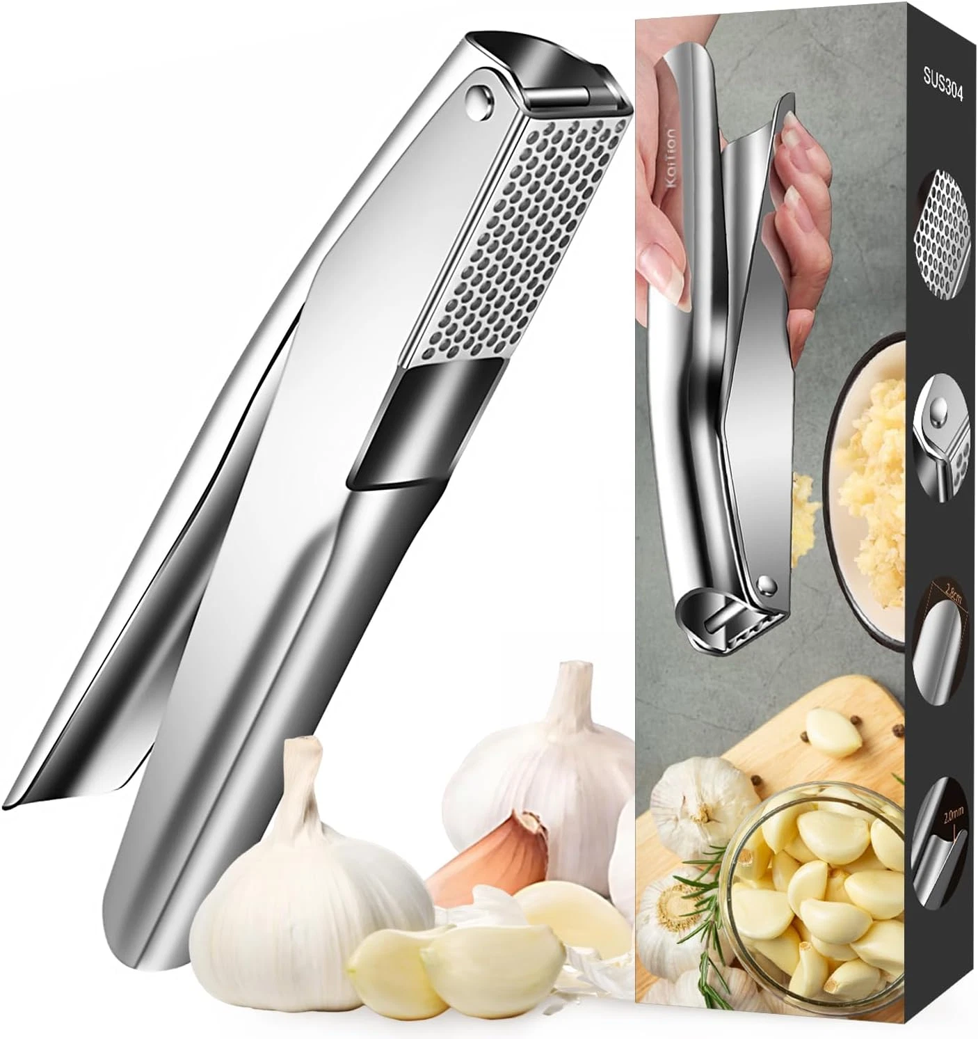 Stainless Steel Garlic Press, Premium Garlic Crusher - Leak-Proof, Easy to Clean