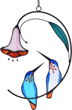 Hummingbird with Flower Stained Glass Suncatcher Bird Stained Glass Window