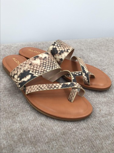 ALDO Celodia Flat Sandals Womens Size 9 Snakeskin Print Beige Strappy Slide New - Picture 2 of 6