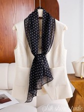 100 Silk Scarf Women Black White Polka Dot Lightweight Spring Summer 63x12"
