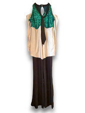 Revolution Dancewear Dance Costume CHILD XL XLC Green Sequins Jumpsuit Black Tie