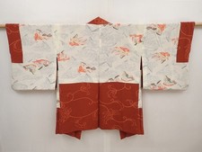 6514T09z560 Vintage Japanese Kimono Silk HAORI Flower Red-Brown