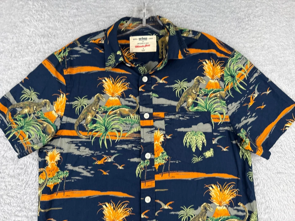 Camisa Urban Pipeline Hombre Pequeña Azul Verde Dinosaurio Volcán Hawaiano 100% Algodón Foto 4 de 4