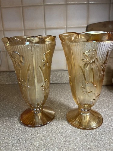 2 Jeannette Carnival Glass Iris & Herringbone Iridescent Depression Glass Vase
