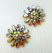 Large AB Rhinestones Jeweled Buttons Aurora Borealis Flower Lot 2 Openwork 44 mm