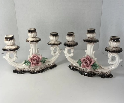 Vintage Capodimonte Porcelain Candelabra Candle Holder Rose Floral Italy AS IS