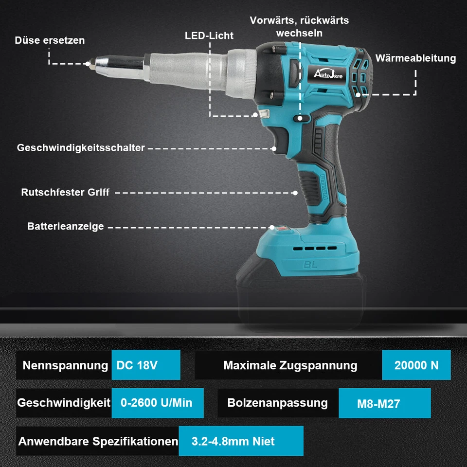 18V Makita Akku Nietpistole Elektrisch Blindnietgerät Popnietenzange 20000N - Bild 3 von 4