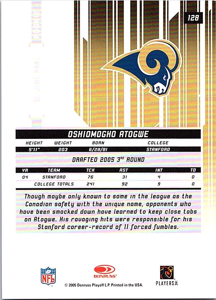 2005 Leaf Rookies and Stars Longevity Sapphire #128 Oshiomogho Atogwe 027/199 - Image 2 of 2