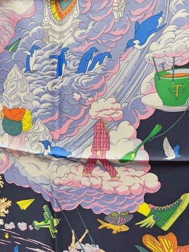 HERMES Sur Mon Nuage scarf 90 Silk Carre Sky Cloud Rabbit Horse Wings Dream - Picture 8 of 9