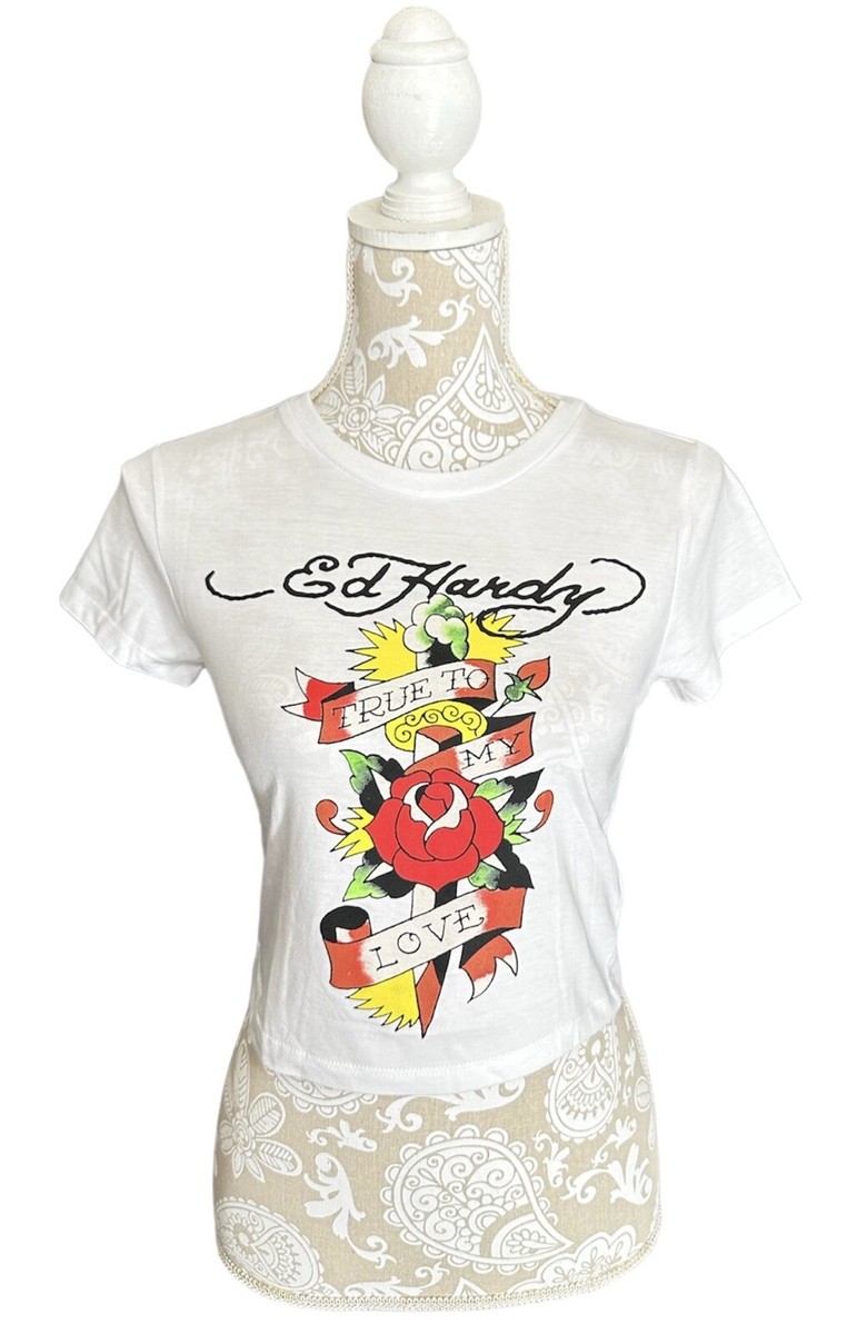 NEW Ed Hardy True To My Love Rose White Crop Top Tee T-shirt