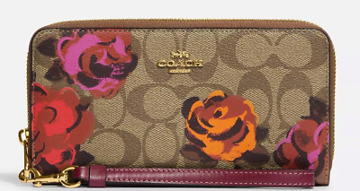 New Coach Signature Rose Floral Zip Around Wallet Bag