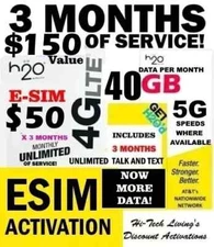 H2O H20 WIRELESS 💥 E-SIM ACTIVATION ⭐ w/ 3 MONTHS x $50 Plan ✅ $150 VALUE!