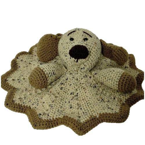 Puppy Lovey Handmade Crochet Tan and Brown Puppy Security Blanket 15" Wide - Picture 2 of 10