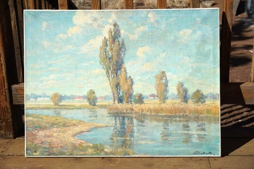 MONET LIKE ORIGINAL VINTAGE RURAL RIVER LANDSCAPE w/ POPLARS OIL PAINTING ART - Picture 2 of 7