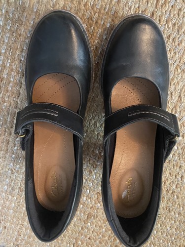 Clarks Artisan Carleta Prato Black Leather Wedge Mary Jane Shoes Size 8 Comfort