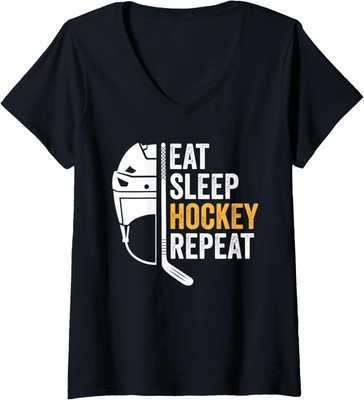 Eat Sleep Hockey Repeat Ice Hockey Retro Vintage Ladies' V-Neck Tshirt