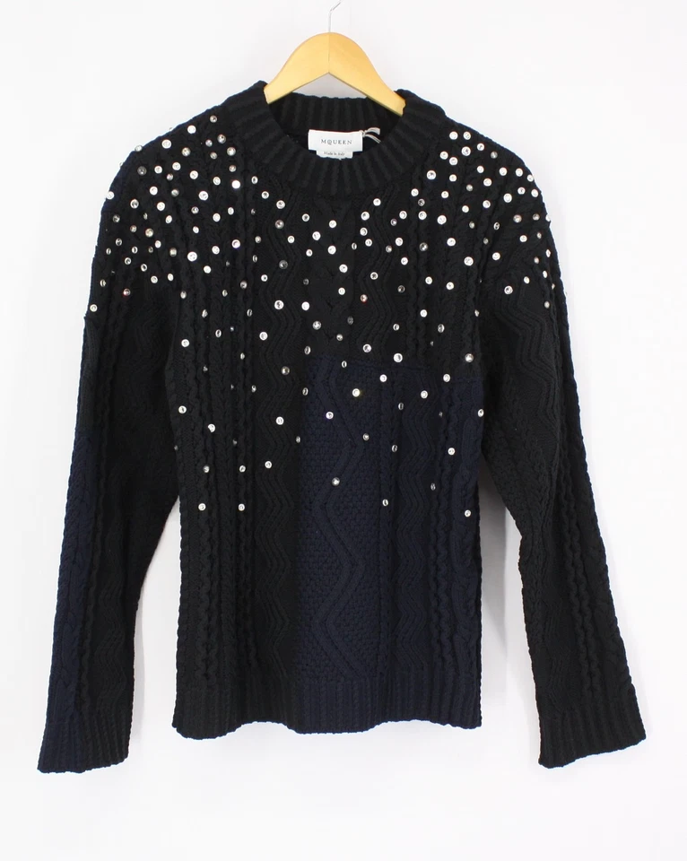 ALEXANDER MCQUEEN CRYSTAL ARAN WOOL KNIT SWEATER MENS BLACK NAVY RRP £2000 MC - Image 2 of 4