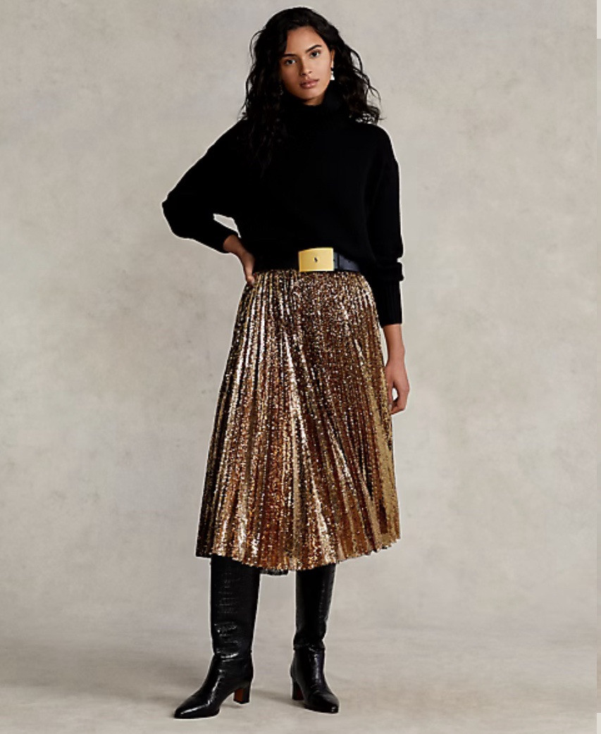 Polo Ralph Lauren Gold Sequin Midi Skirt XXL Pleated Gold